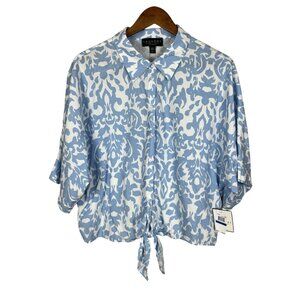 Laundry by Shelli Segal Top XL Blue‎ Damask Crop Button Up Tie Hem 3/4 Dolman Sl
